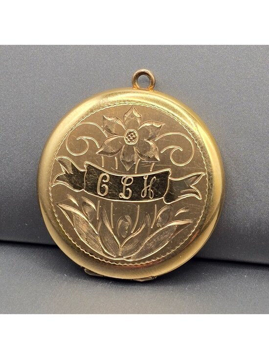Estate Jewelry - Victorian Revival Gold Filled Locket Pendant Round Floral Engraved 1974